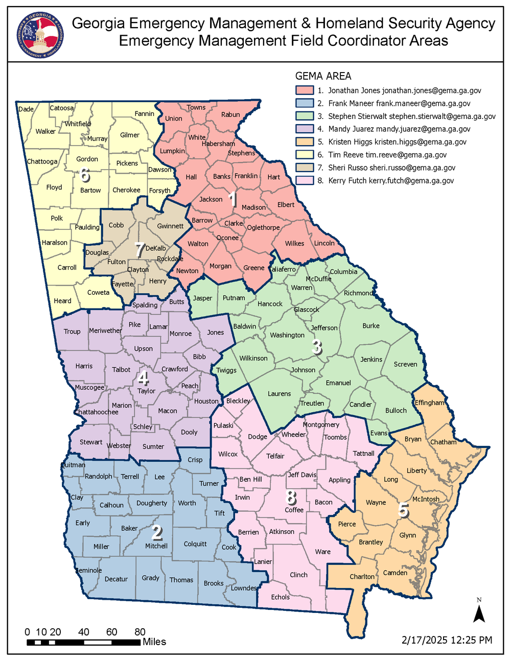 GEMA/HS Map of Georgia with region and EM Field Coordinators